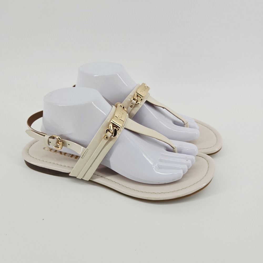 Coach Caterine Patent Sandals Women's Size 9.5 B Chalk Gold Logo Thong
